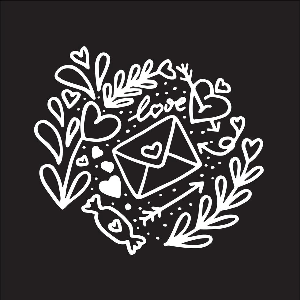 Vector illustration with Love elements isolated on black background. Doodle hand drawn style.