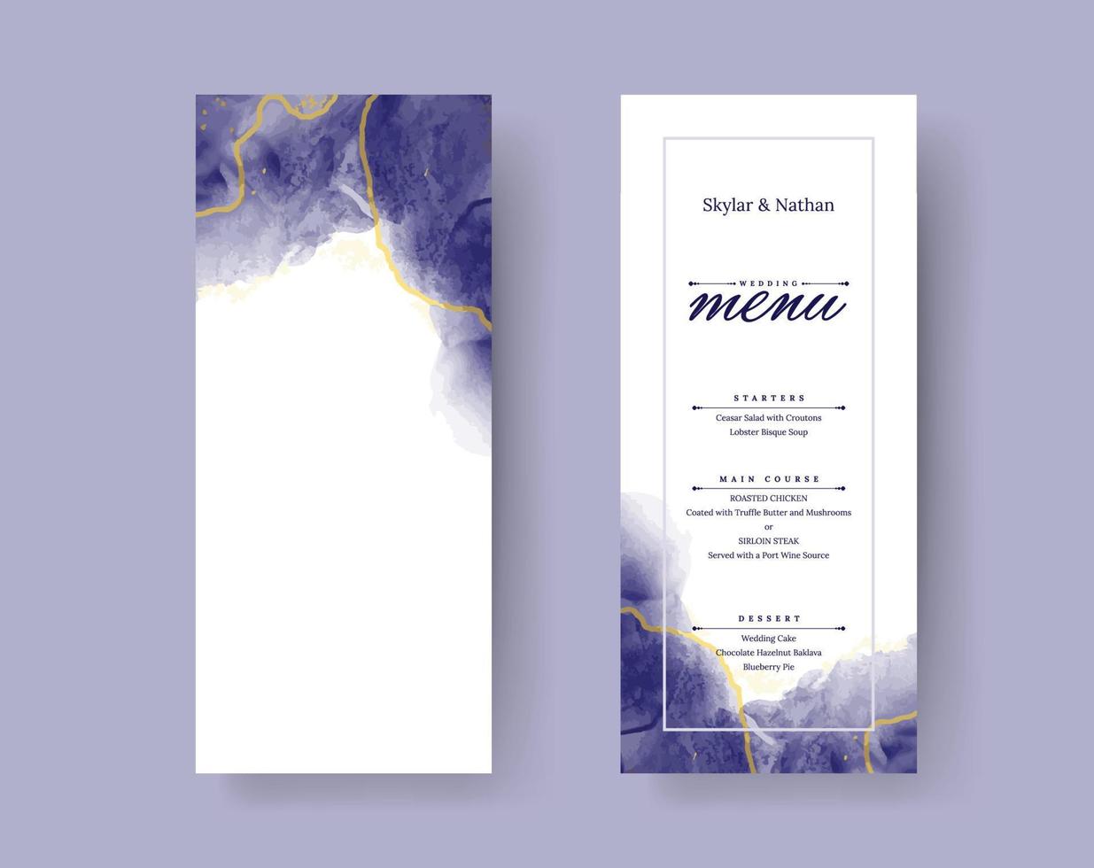 Elegant Navy Blue Gold Line Watercolor Menu Card Template vector