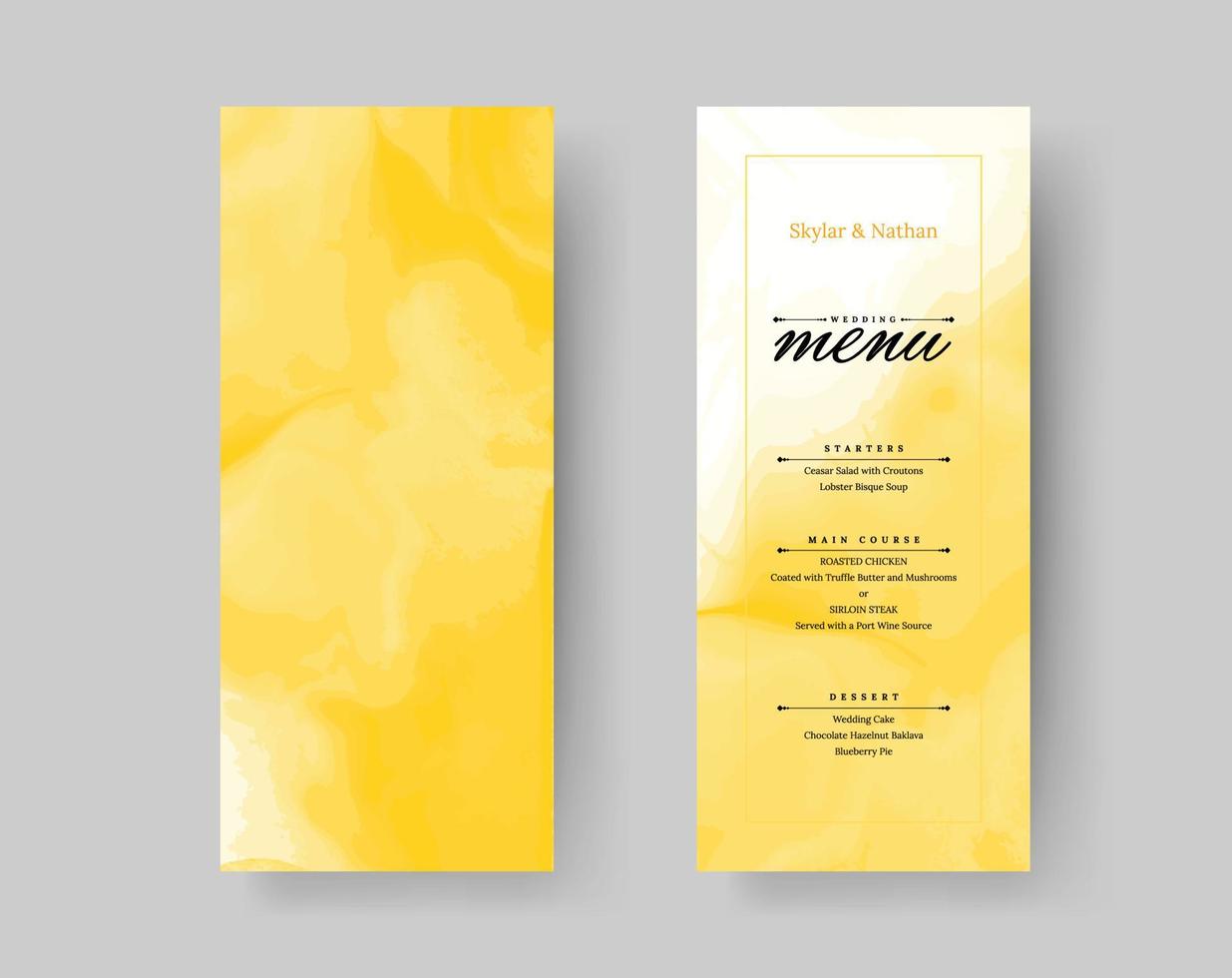 Minimal Yellow Watercolor Wedding Menu Card Template vector