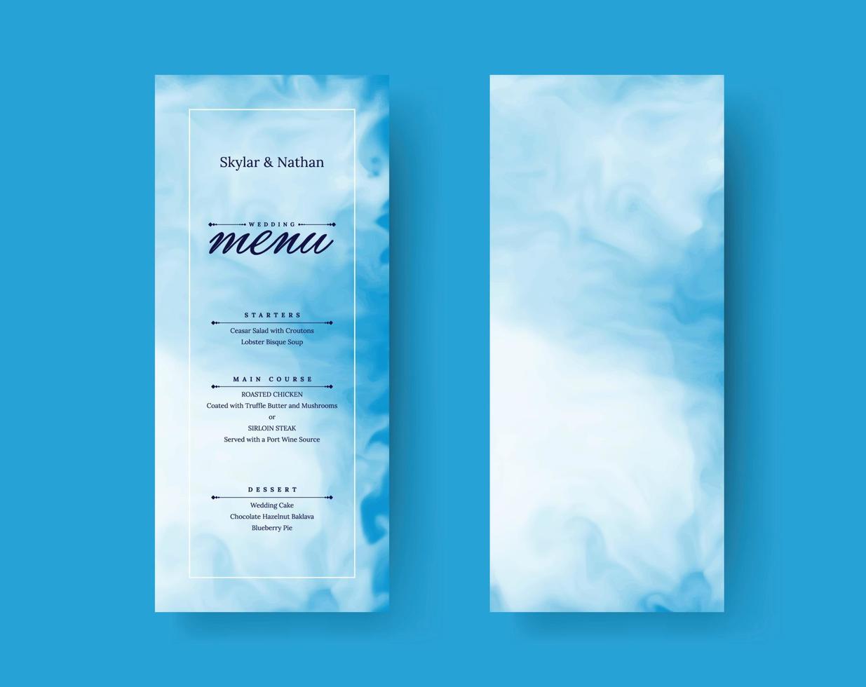 Modern Blue Watercolor Wedding Menu Card Template vector