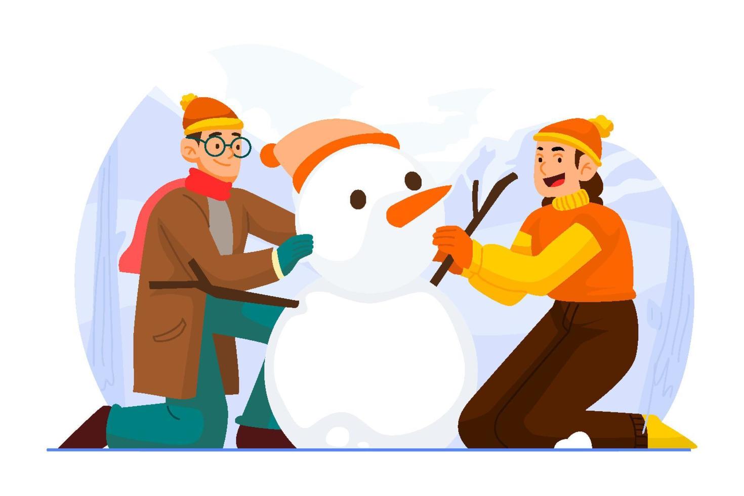 Couple Building Snowman on Winter Outdoor Activity Concept vector