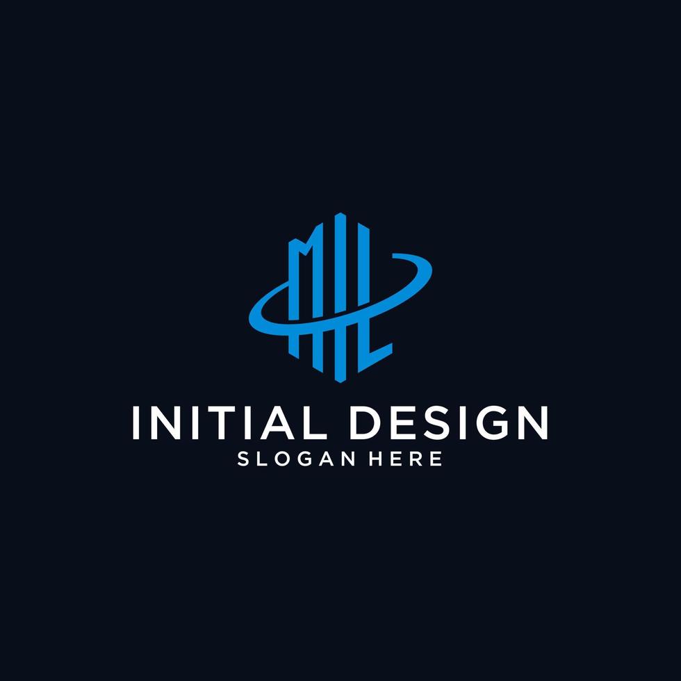 ML initial monogram logo with hexagonal shape and swoosh design vector