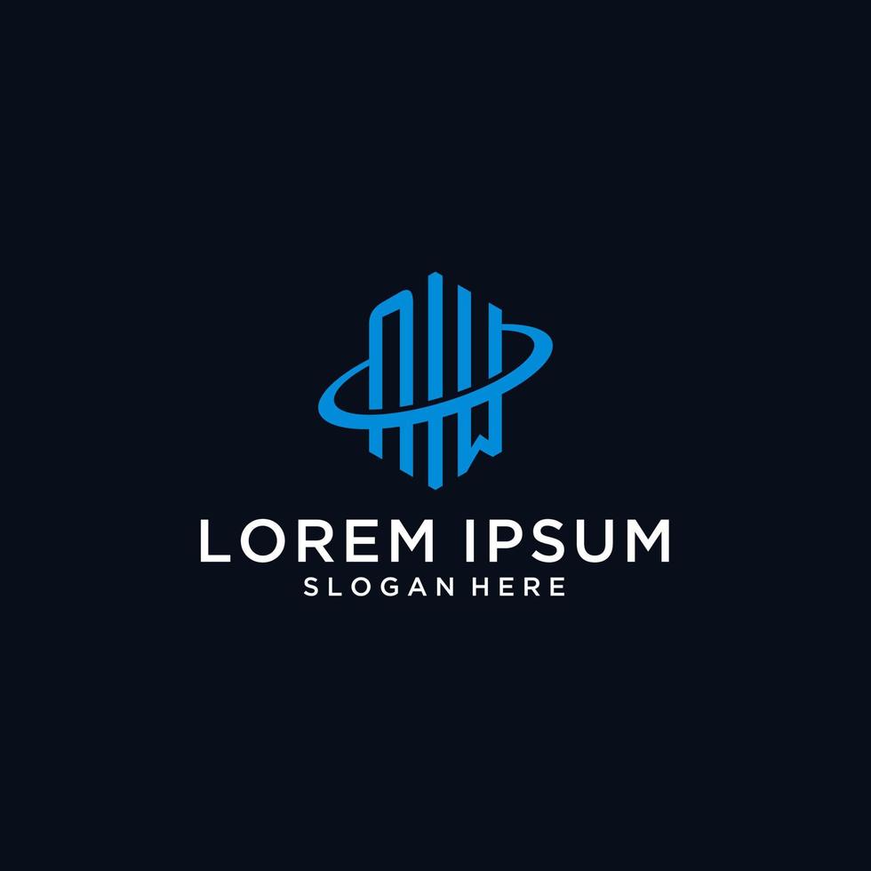 NM initial monogram logo with hexagonal shape and swoosh design vector