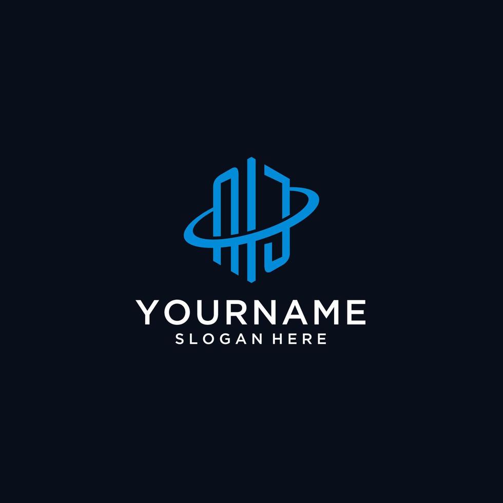 NJ initial monogram logo with hexagonal shape and swoosh design vector