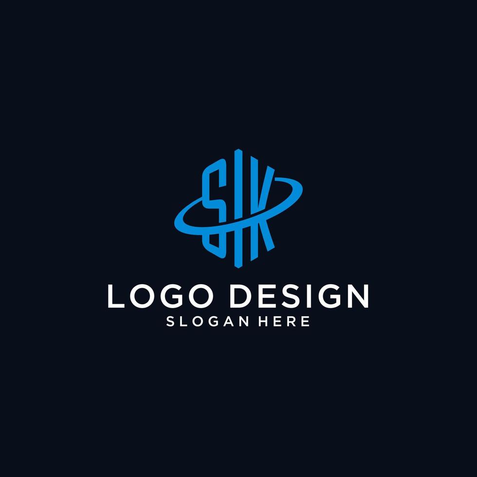 SK initial monogram logo with hexagonal shape and swoosh design vector