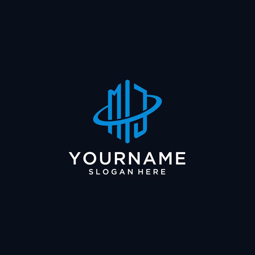 MJ initial monogram logo with hexagonal shape and swoosh design vector