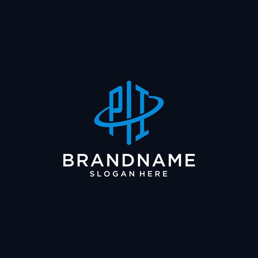 PI initial monogram logo with hexagonal shape and swoosh design vector