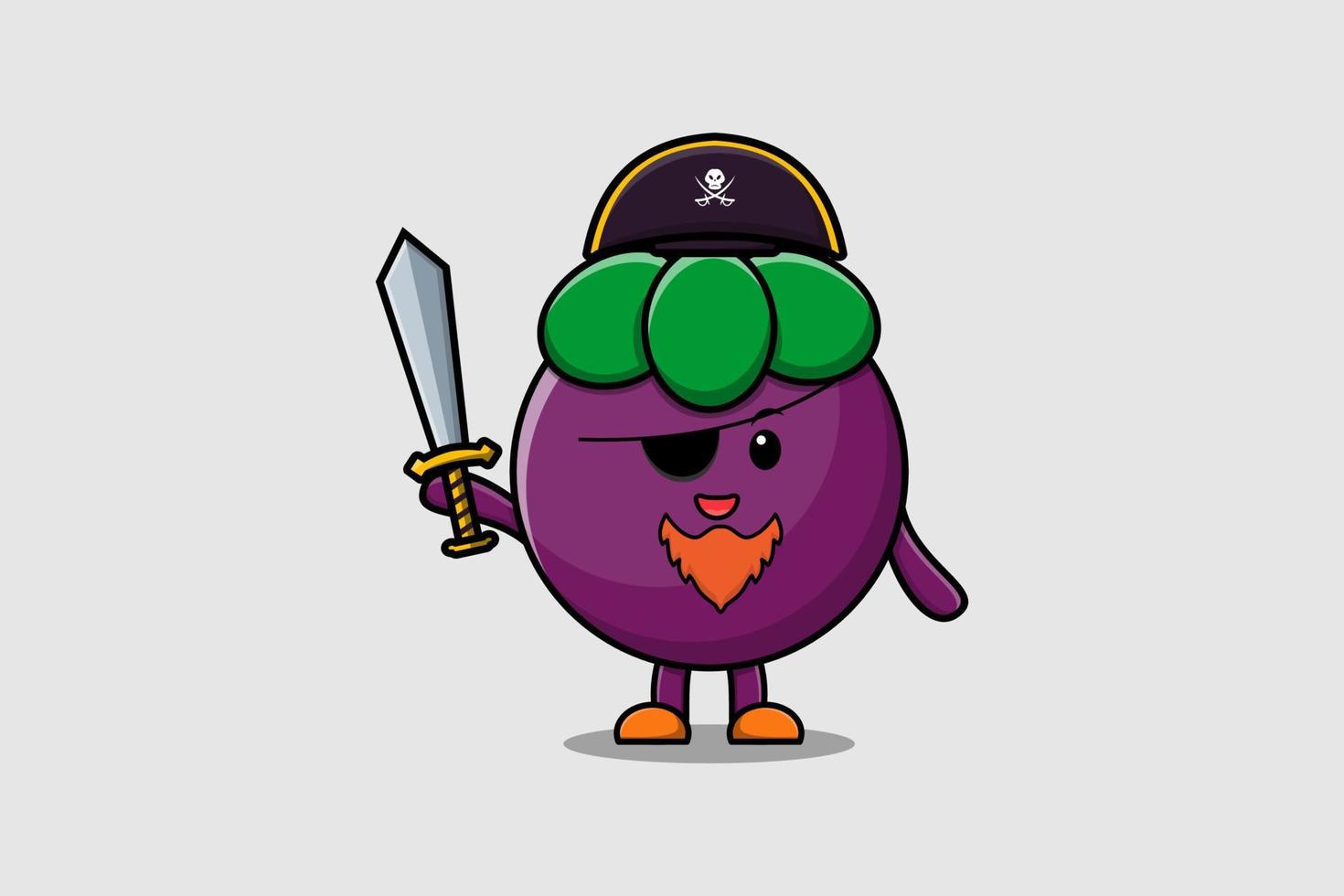 mascota de dibujos animados lindo mangostán pirata sostener espada vector