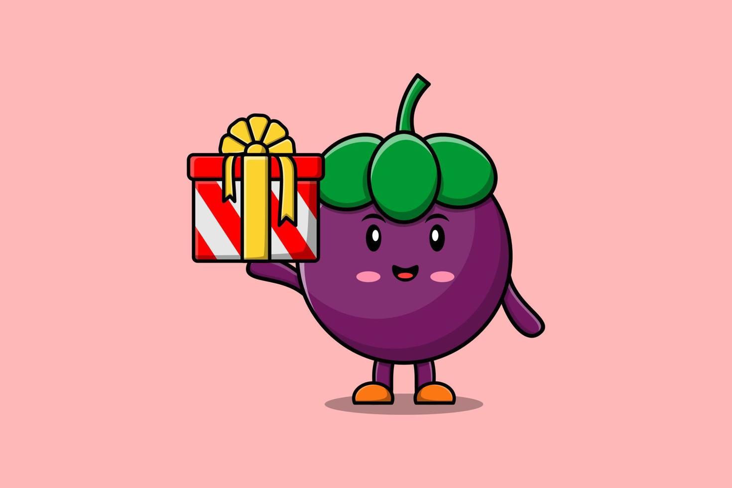 Cute cartoon Mangosteen character holding gift box vector