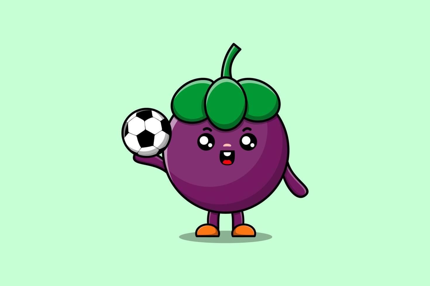 lindo personaje de mangostán de dibujos animados jugando al fútbol vector