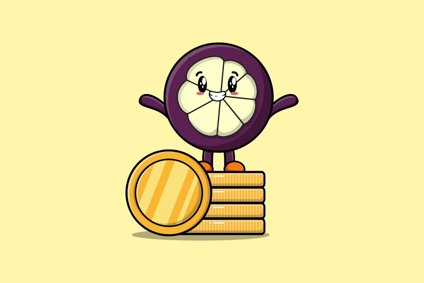 Cute cartoon Mangosteen stand in stacked gold coin vector