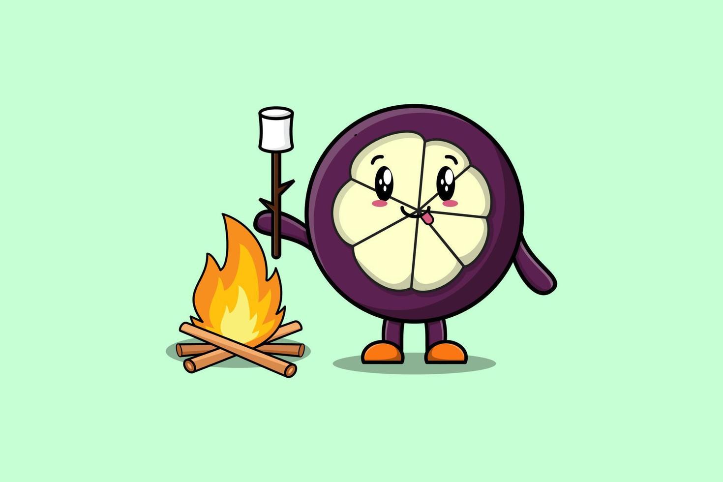 Cute cartoon Mangosteen is burning marshmallow vector