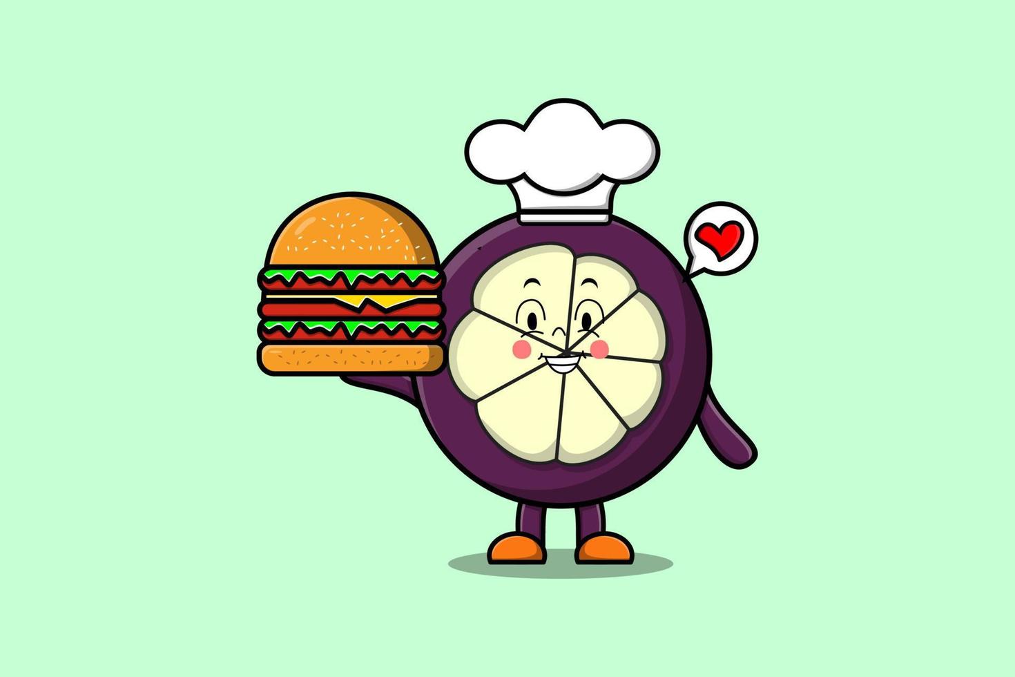 Cute cartoon Mangosteen chef character hold burger vector
