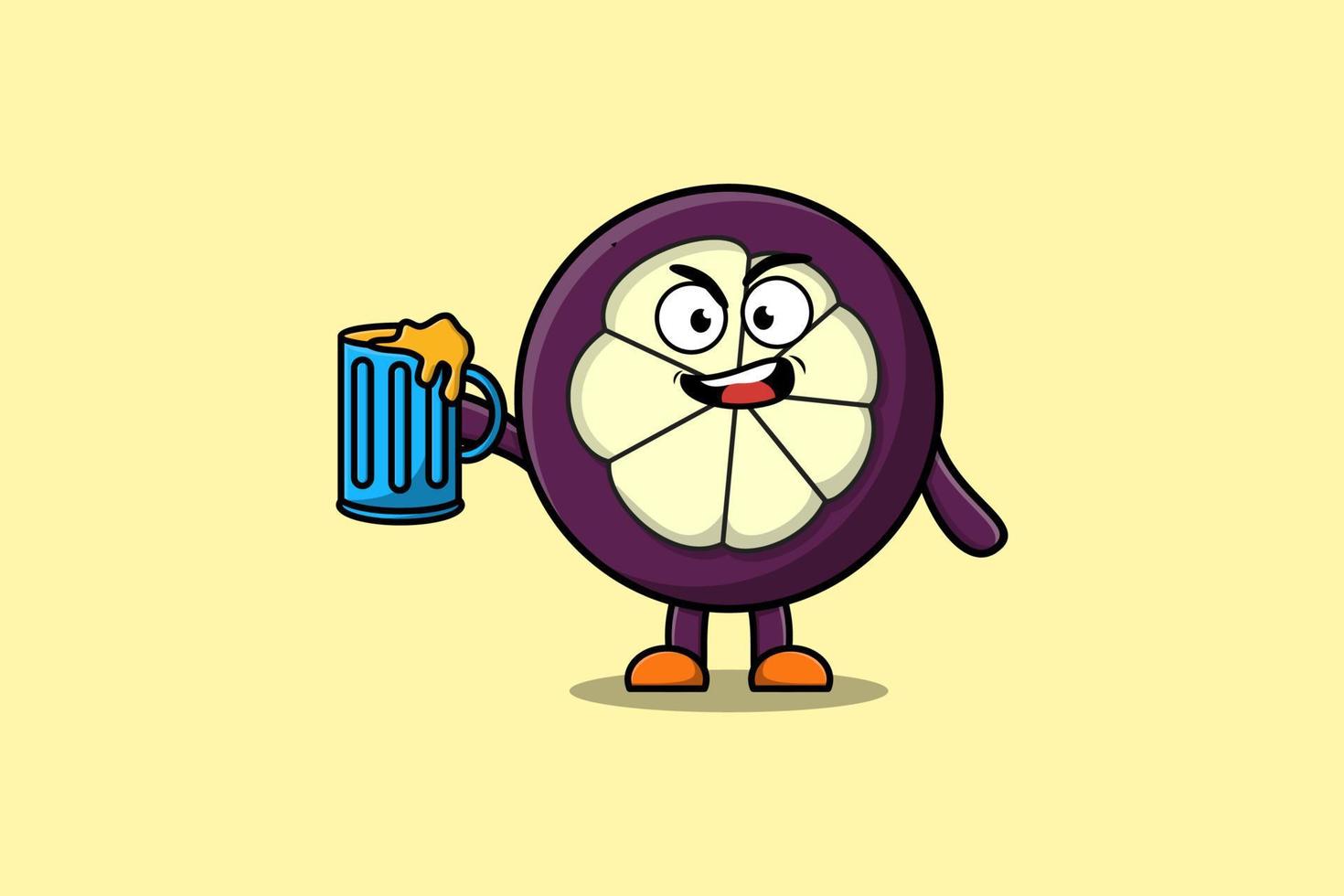 lindo personaje de dibujos animados de mangostán con vaso de cerveza vector