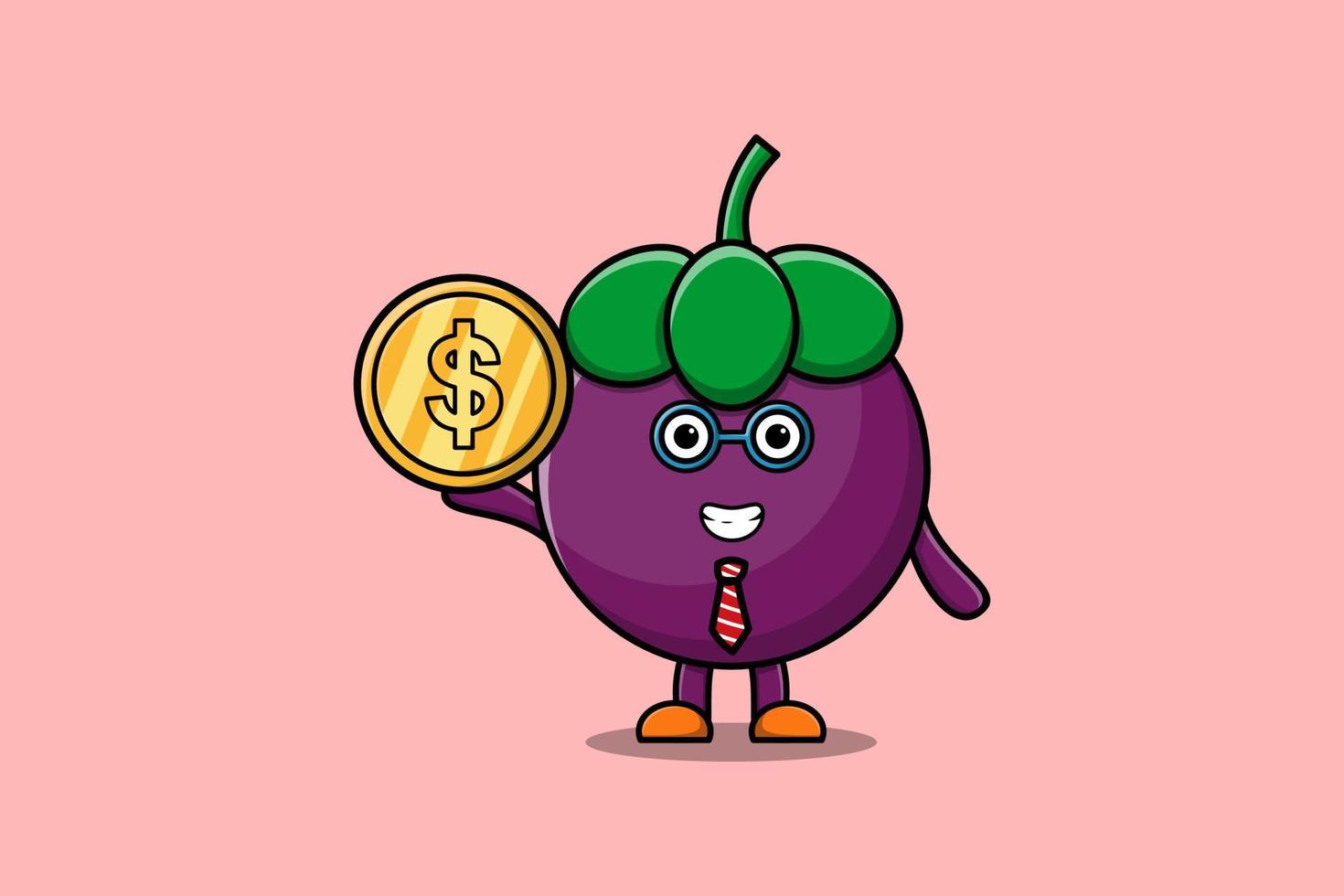 Cute cartoon Mangosteen successful hold gold coin vector