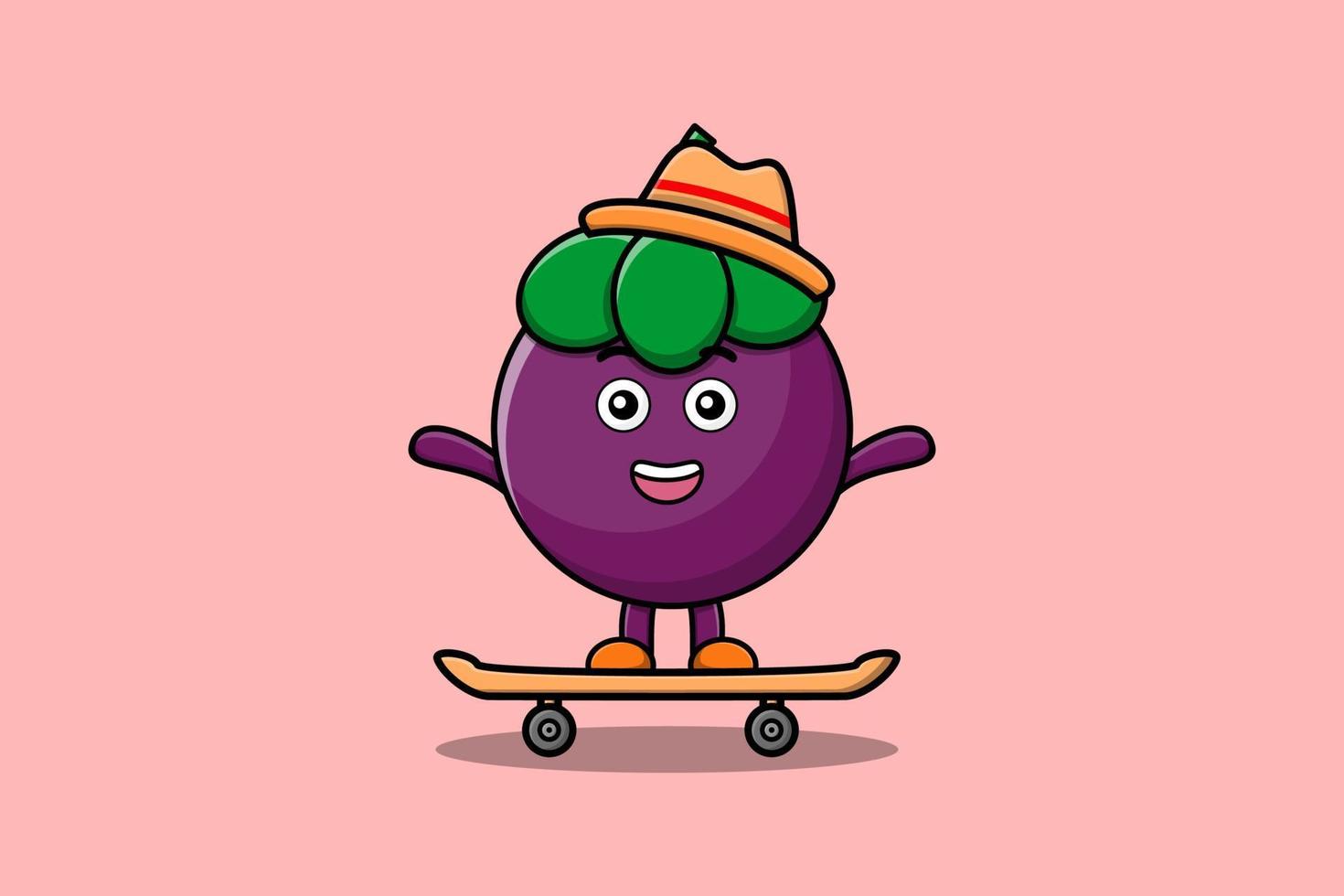 cute cartoon Mangosteen standing on skateboardCute cartoon Mangosteen character is fitness with barbell in modern style design vector