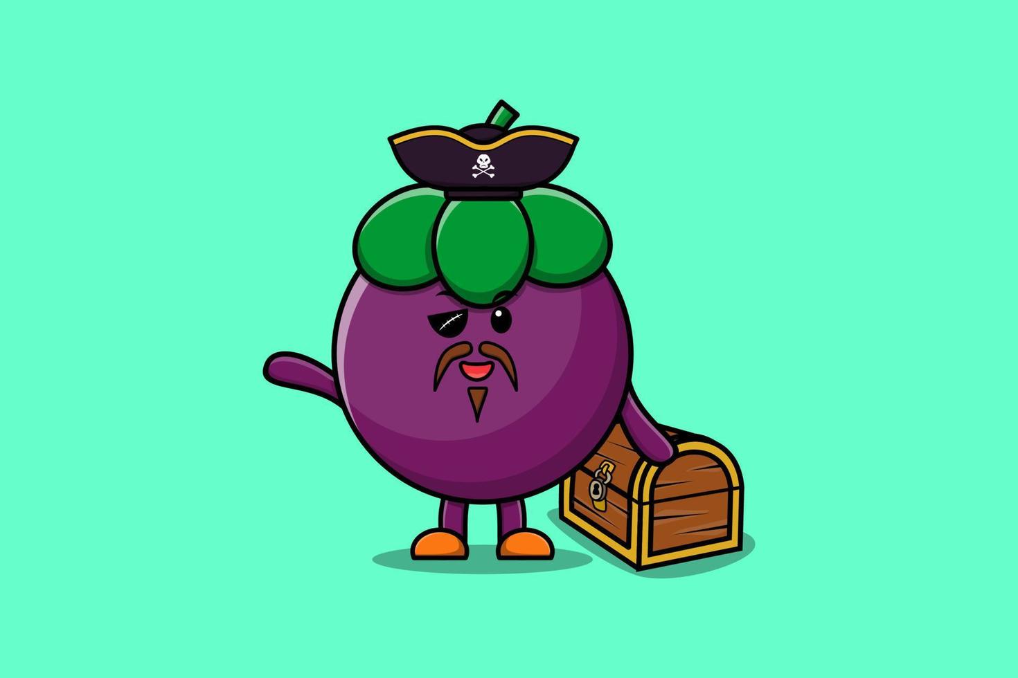 Pirata de mangostán de dibujos animados lindo con cofre del tesoro vector