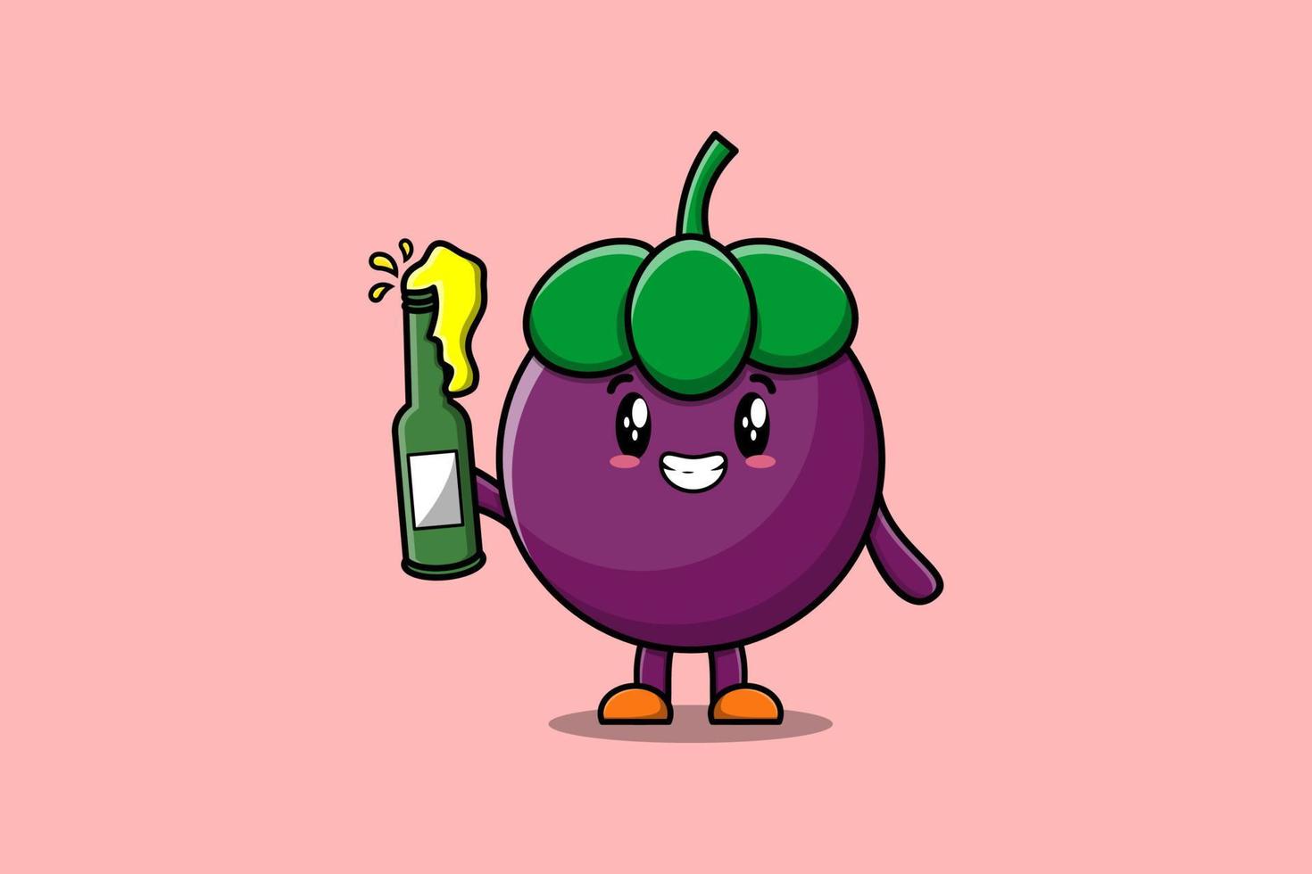 lindo personaje de dibujos animados mangostán con botella de refresco vector