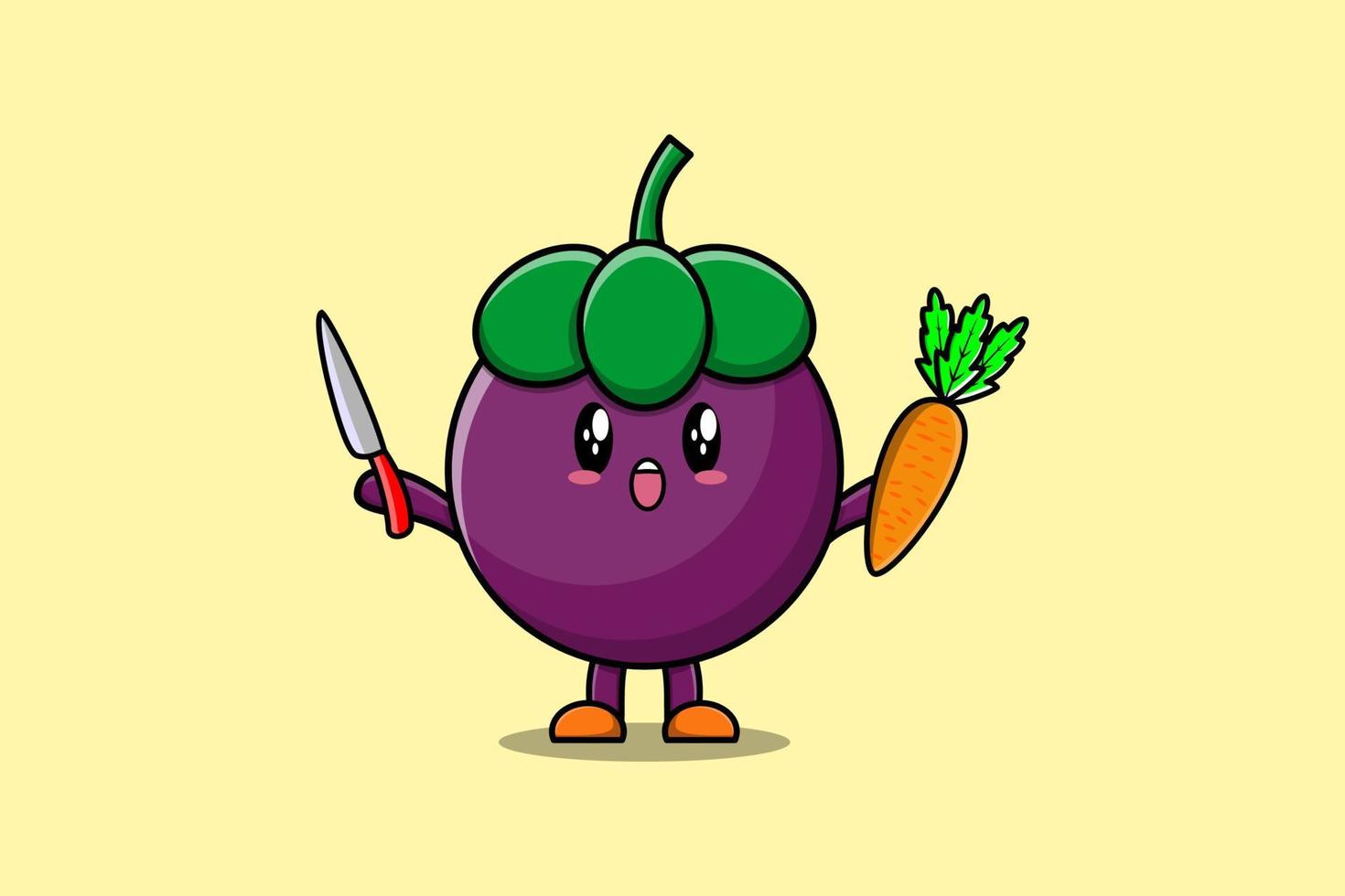 personaje de mangostán de dibujos animados lindo con cuchillo vector