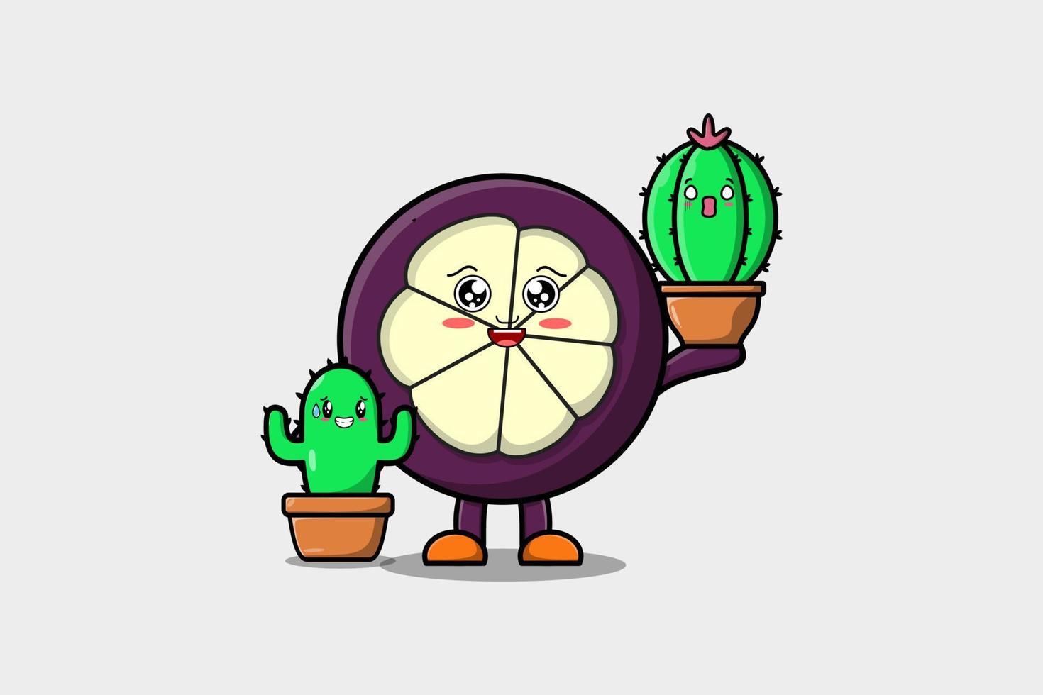 Cute cartoon Mangosteen hold cactus plant in pot vector