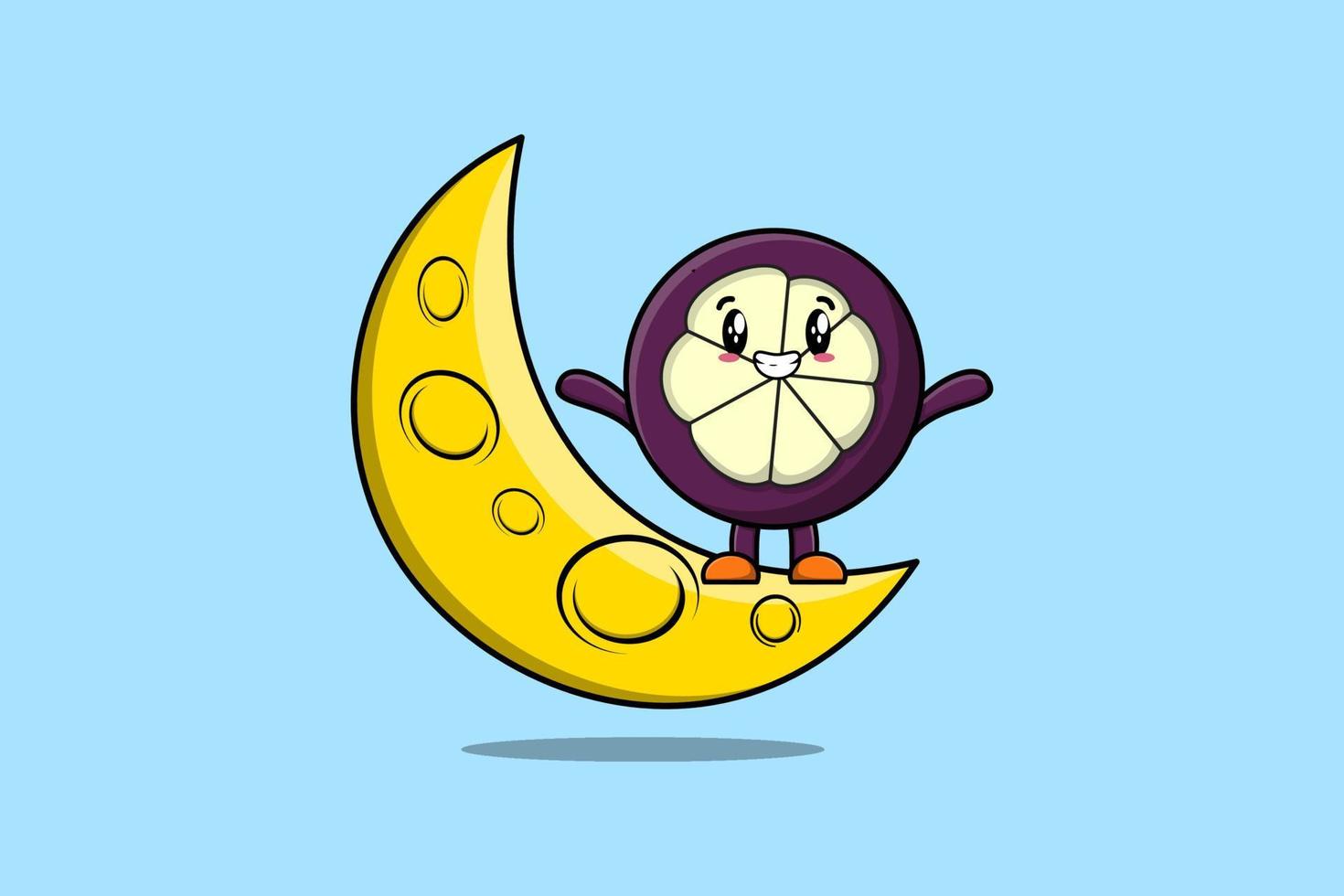 Cute cartoon Mangosteen stand on the crescent moon vector