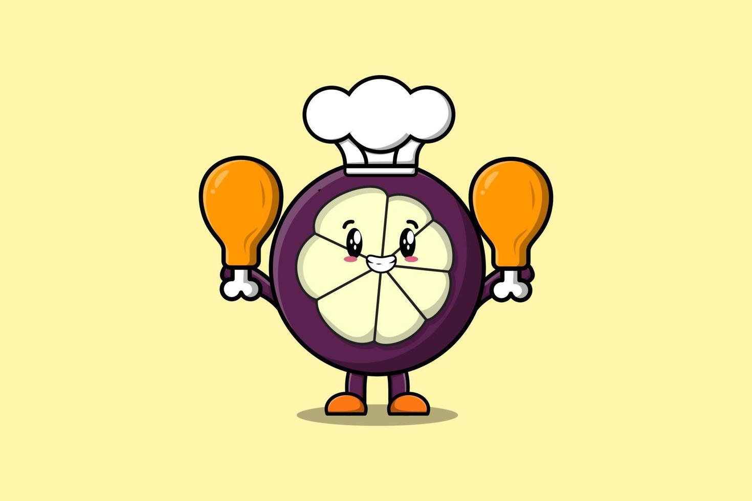 cartoon Mangosteen chef holding two chicken thighs vector