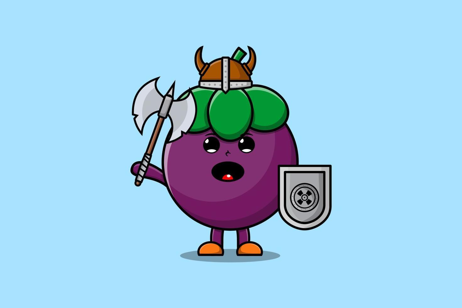 Cute cartoon character Mangosteen viking pirate with hat and holding ax and shield vector