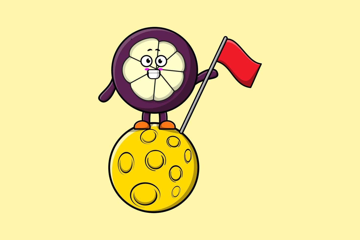 Cute cartoon Mangosteen standing on moon with flag vector