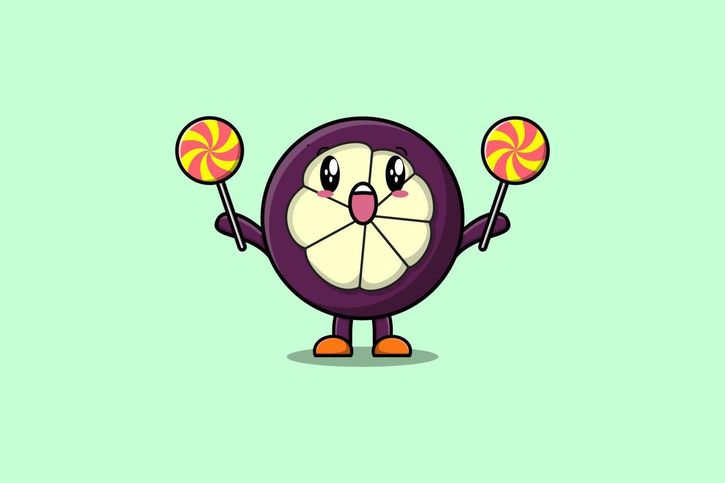 personaje de mangostán de dibujos animados lindo con piruleta vector