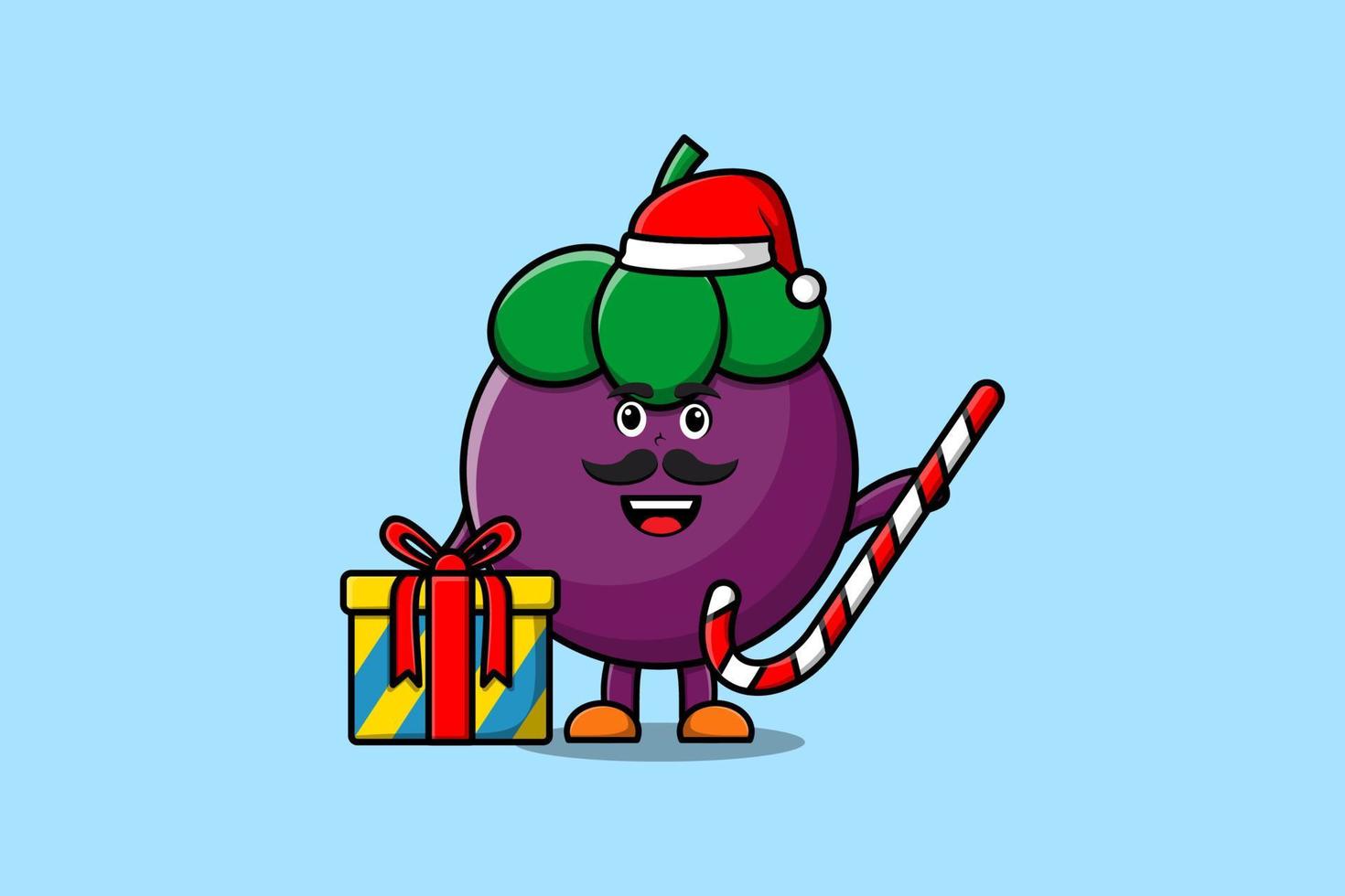 cute cartoon Mangosteen santa clause is candy cane vector