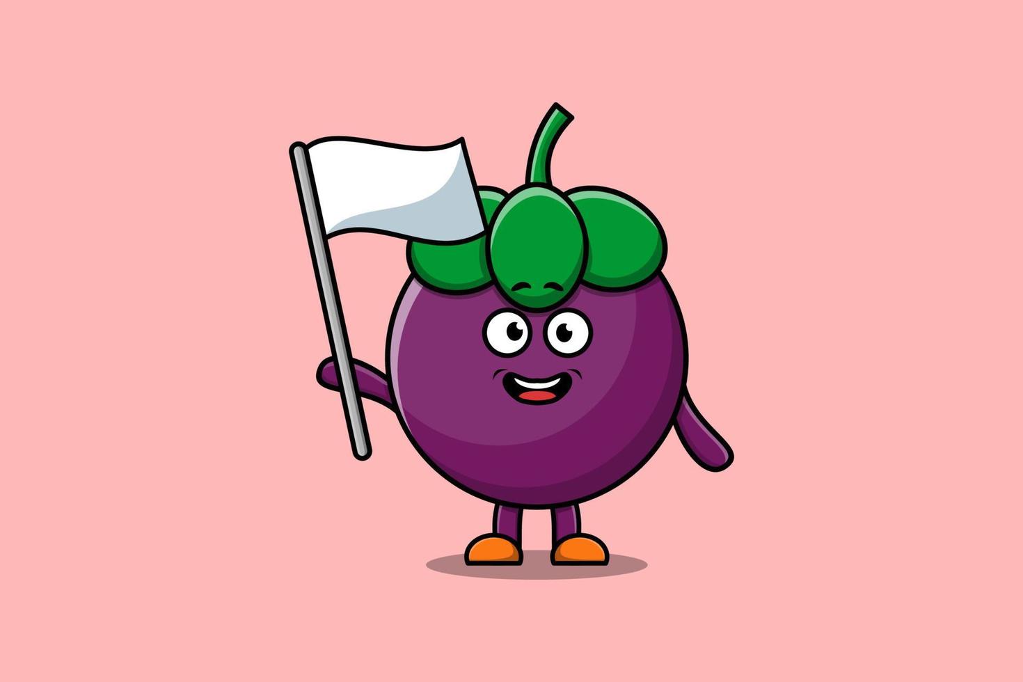 lindo personaje de mangostán de dibujos animados con bandera blanca vector