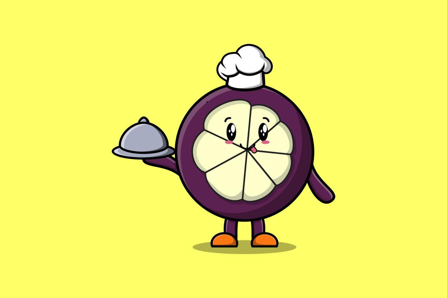 lindo chef de dibujos animados mangostán sirviendo comida en la bandeja vector
