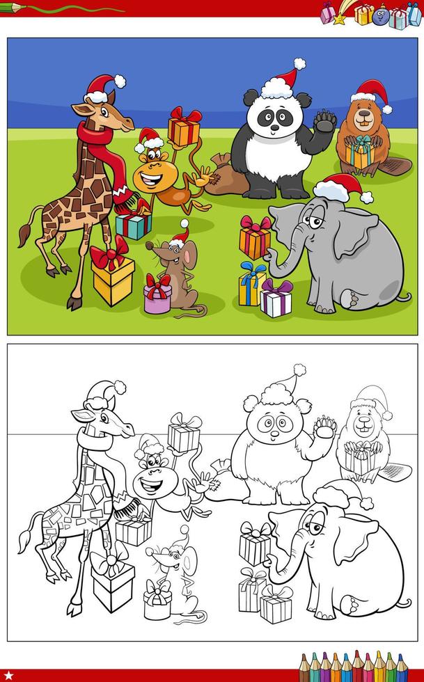 personajes de animales de dibujos animados con regalos de navidad página para colorear vector