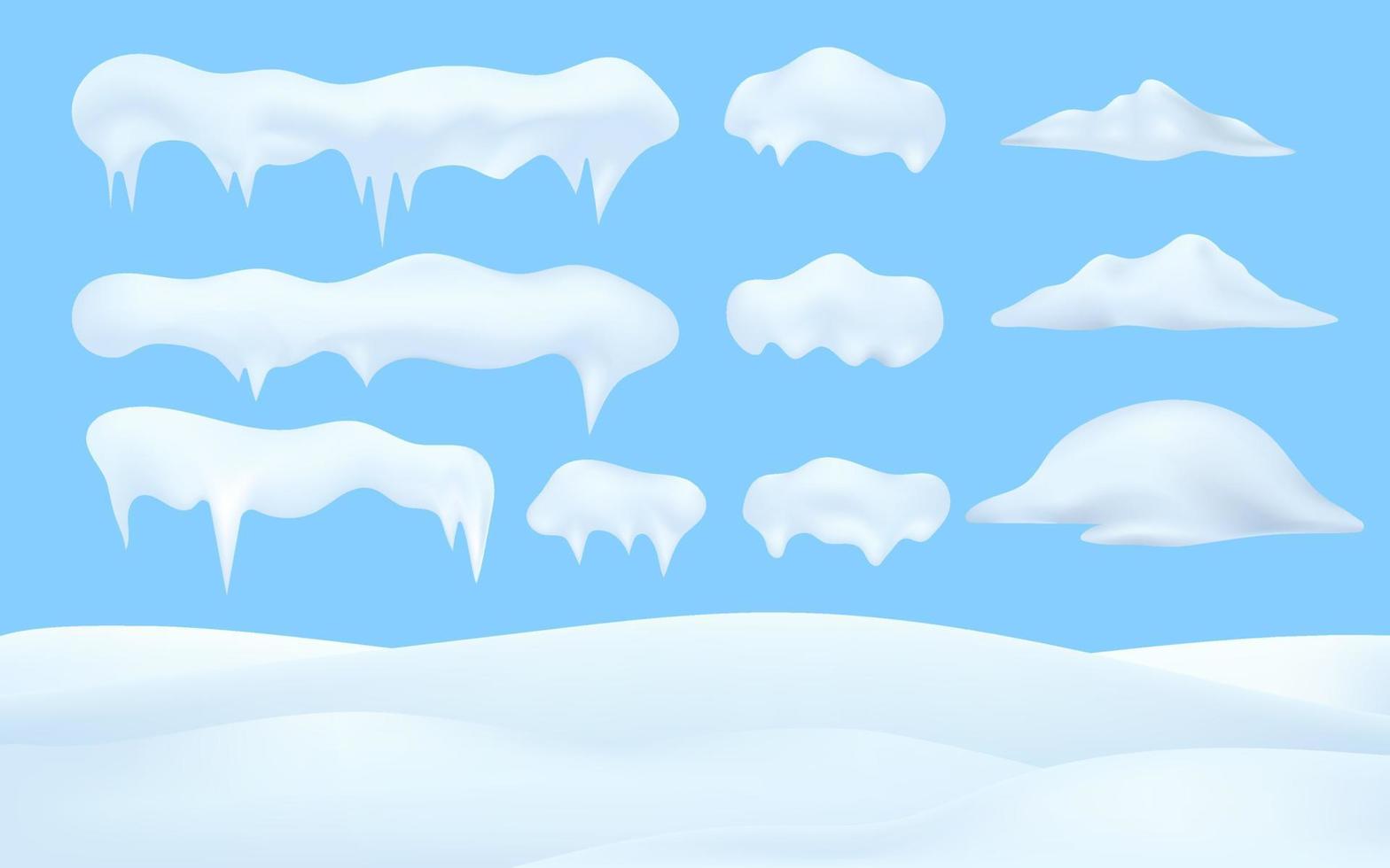 3d Winter snow, Christmas, snow texture, white elements, holiday snow decorations. Vector collection of snow caps, heap, icicles on blue sky background, ice, snowball and snowdrift.