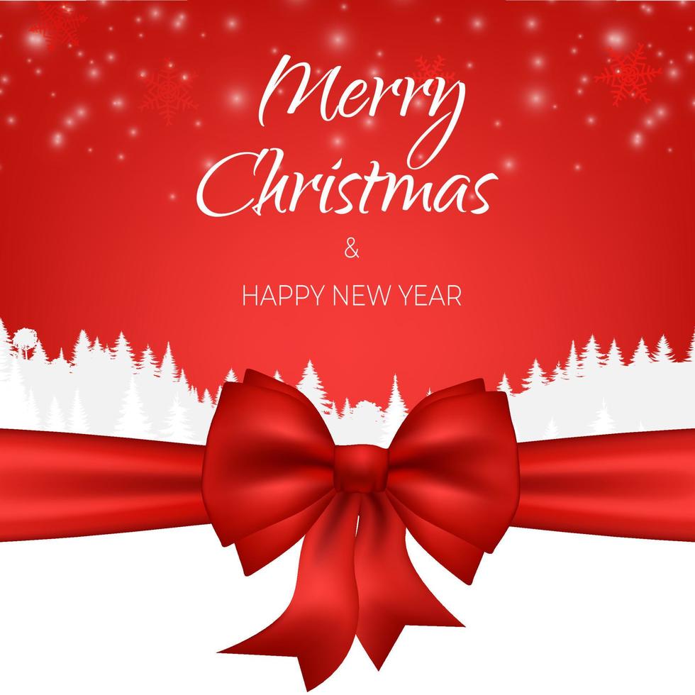 Snow falling in winter season. Merry Christmas and happy new year background banner. Vector  illustration landscape mountain forest paper silhouette. Red backdrop with snowflakes. Big festive bow.