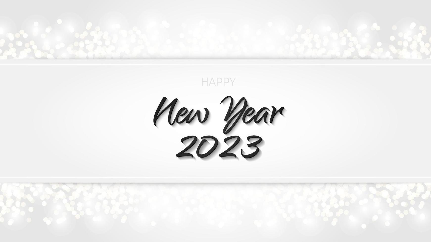 Black Happy New Year 2023 banner glittering silver. Metal sparkling ring with dust glitter graphic on white background. Beautiful numbers graphic design template. Luxurious gradient calendar vector