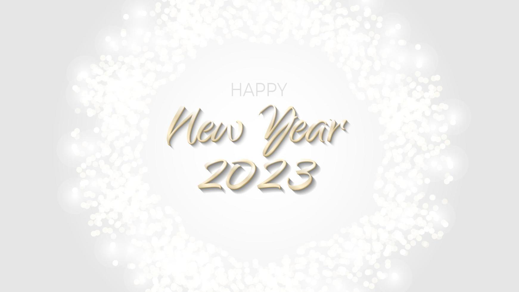 Happy New Year 2023 banner glittering golden circle. Gold sparkling ring with dust glitter graphic on white background. Beautiful numbers graphic design template. Luxurious gradient calendar vector