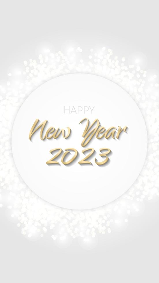 Happy New Year 2023 banner glittering golden circle. Gold sparkling ring with dust glitter graphic on white background. Beautiful numbers graphic design template. Luxurious gradient calendar vector
