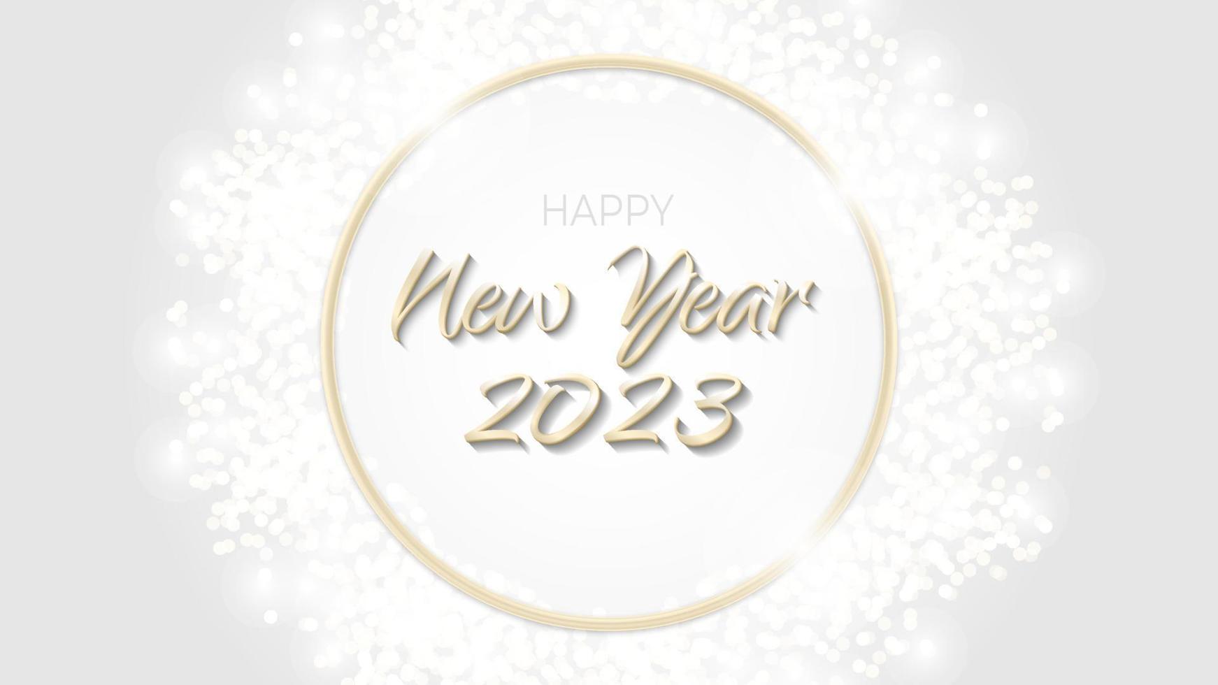 Happy New Year 2023 banner glittering golden circle. Gold sparkling ring with dust glitter graphic on white background. Beautiful numbers graphic design template. Luxurious gradient calendar vector