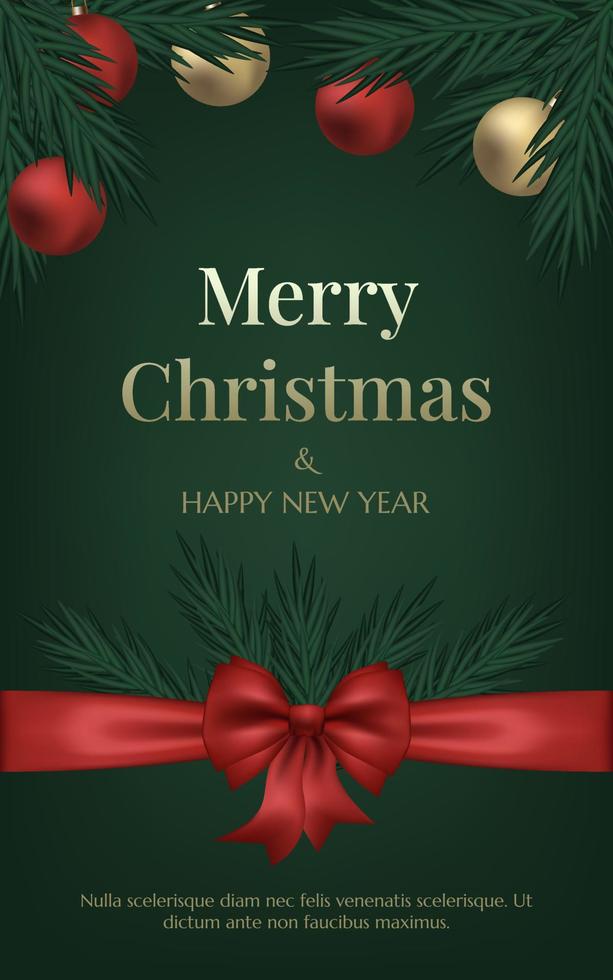 Postcard design Merry Christmas and Happy New Year. Christmas tree, glass gold balls and an elegant red bow with ribbons on a green background. Spruce, cedar, pine fir tree branch. Banner template. vector
