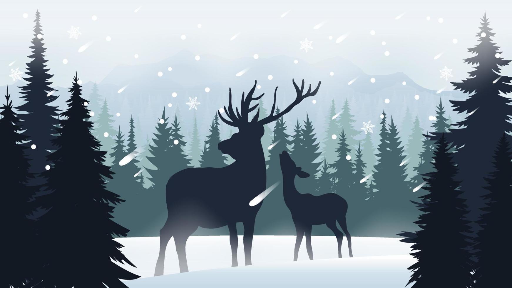 Nature mountains landscape silhouette. Winter coniferous forest with snow falling, frozen weather. Animals in the pine forest, deer stay in the woods. Vector illustration. Christmas background.