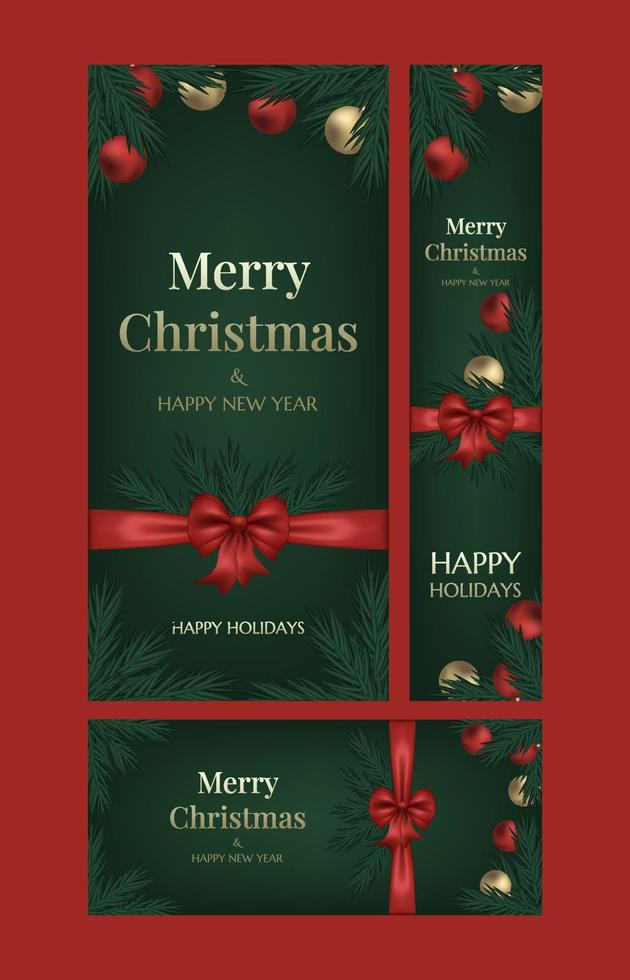 Set of three postcards Merry Christmas and Happy New Year. Christmas tree, glass gold balls and an elegant red bow with ribbons on a green background. Spruce, cedar, pine branch. Banner template. vector