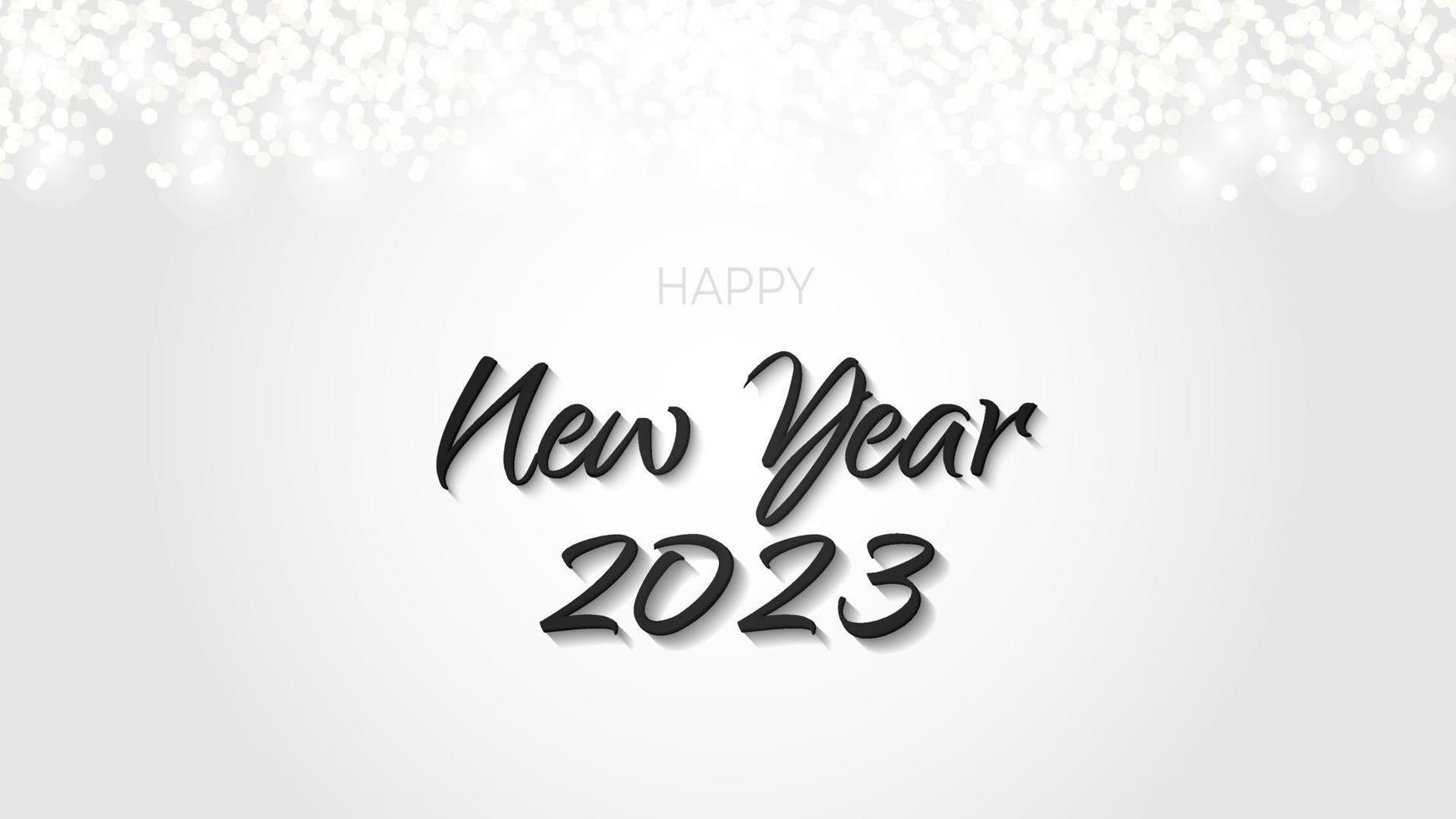Black Happy New Year 2023 banner glittering silver. Metal sparkling ring with dust glitter graphic on white background. Beautiful numbers graphic design template. Luxurious gradient calendar vector