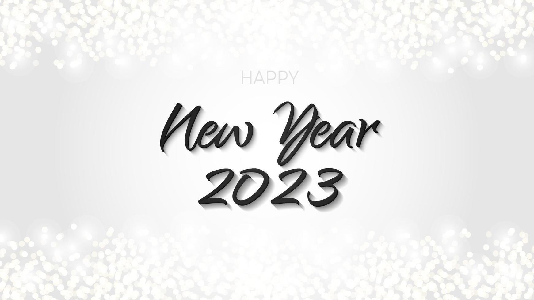 Black Happy New Year 2023 banner glittering silver. Metal sparkling ring with dust glitter graphic on white background. Beautiful numbers graphic design template. Luxurious gradient calendar vector