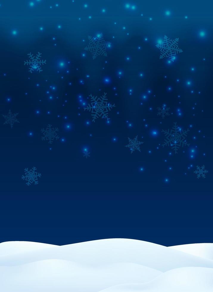 nieve en temporada de invierno, brillo brillante cayendo. feliz navidad y feliz año nuevo banner de fondo. ilustración vectorial en estilo realista 3d. cielo azul nocturno con copos de nieve, escena nevada. vector