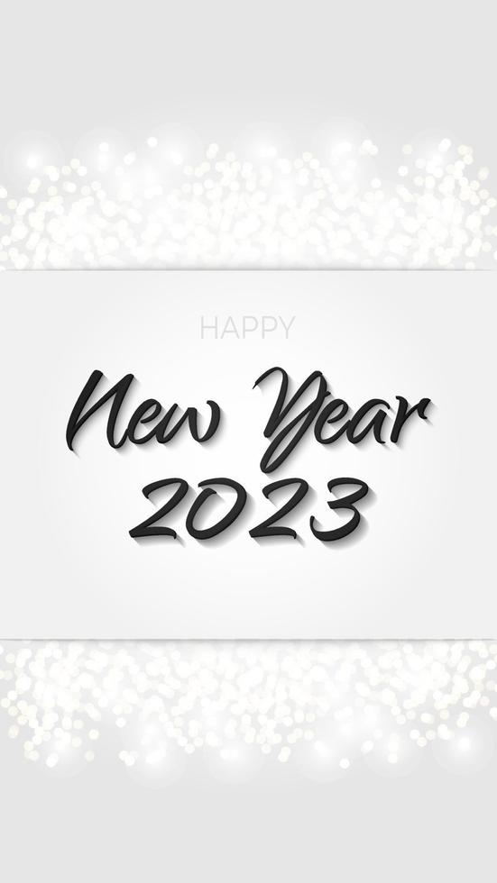 Black Happy New Year 2023 banner glittering silver. Metal sparkling ring with dust glitter graphic on white background. Beautiful numbers graphic design template. Luxurious gradient calendar vector