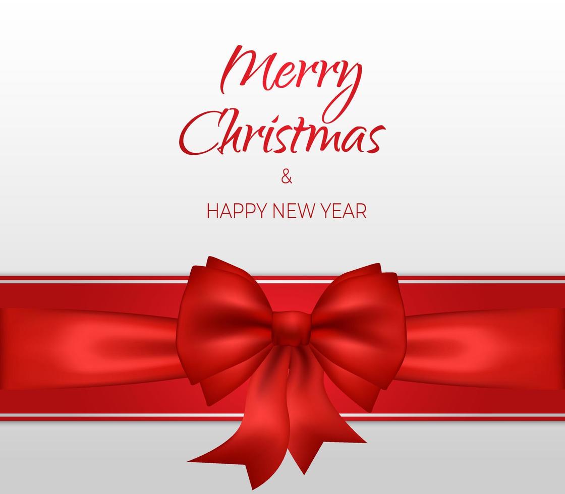 Merry Christmas and happy new year background banner. Vector  illustration  White backdrop voucher. Festive bow with ribbon, sale discount banner. Invitation flyer for party.