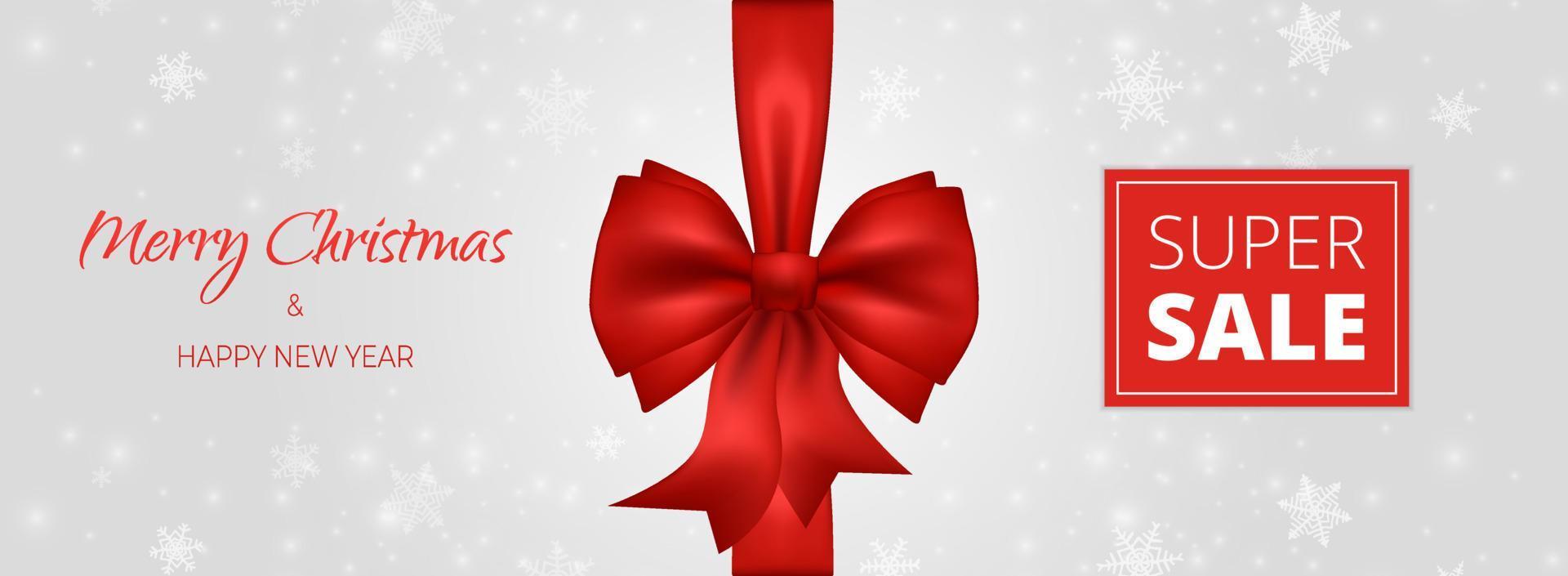 Christmas sale horizontal discount banner design template typography Snow falling in winter season. Merry Christmas and happy new year background. Gift voucher. White backdrop with Big festive bow. vector