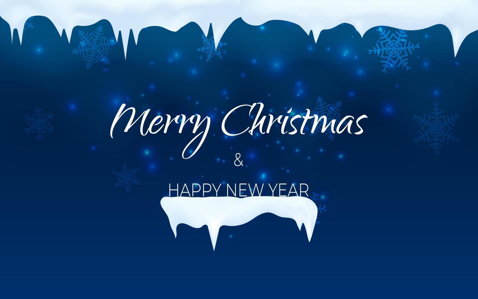 Snow in winter season, shiny glitter falling. Merry Christmas and happy new year background banner. Vector illustration in 3d realistic style. Night blue sky with snowflakes, snowy scene with icicles.