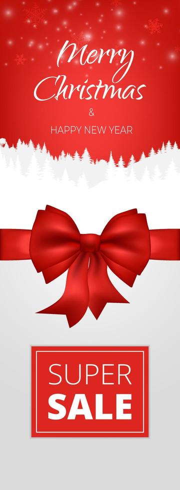Snow falling in winter. Merry Christmas and happy new year background banner. Vector  illustration landscape mountain forest paper silhouette. Red backdrop with snowflakes. Festive bow, sale banner.